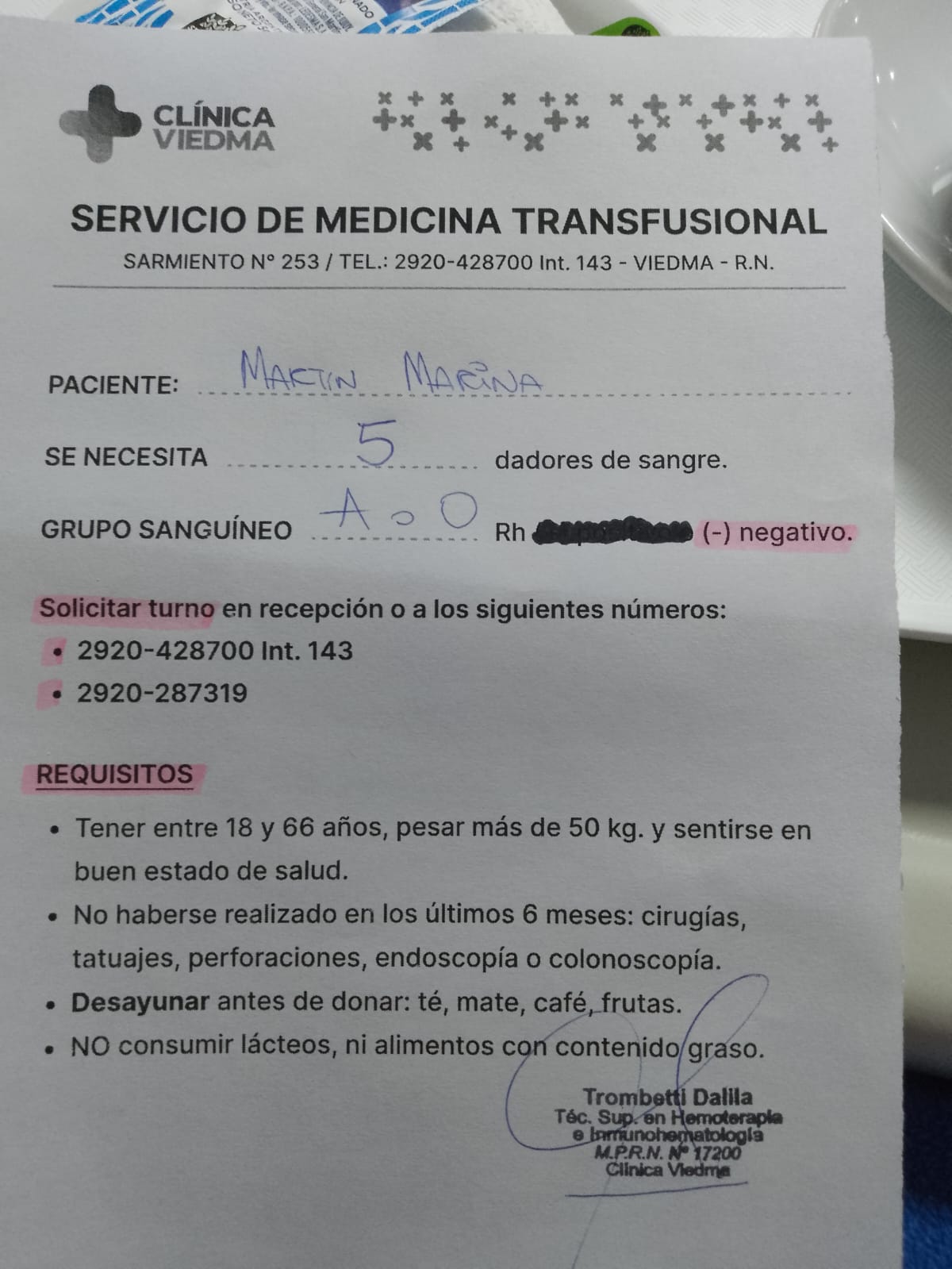 Urgente en Viedma: piden dadores de sangre para Marina Martín, internada lejos de su familia